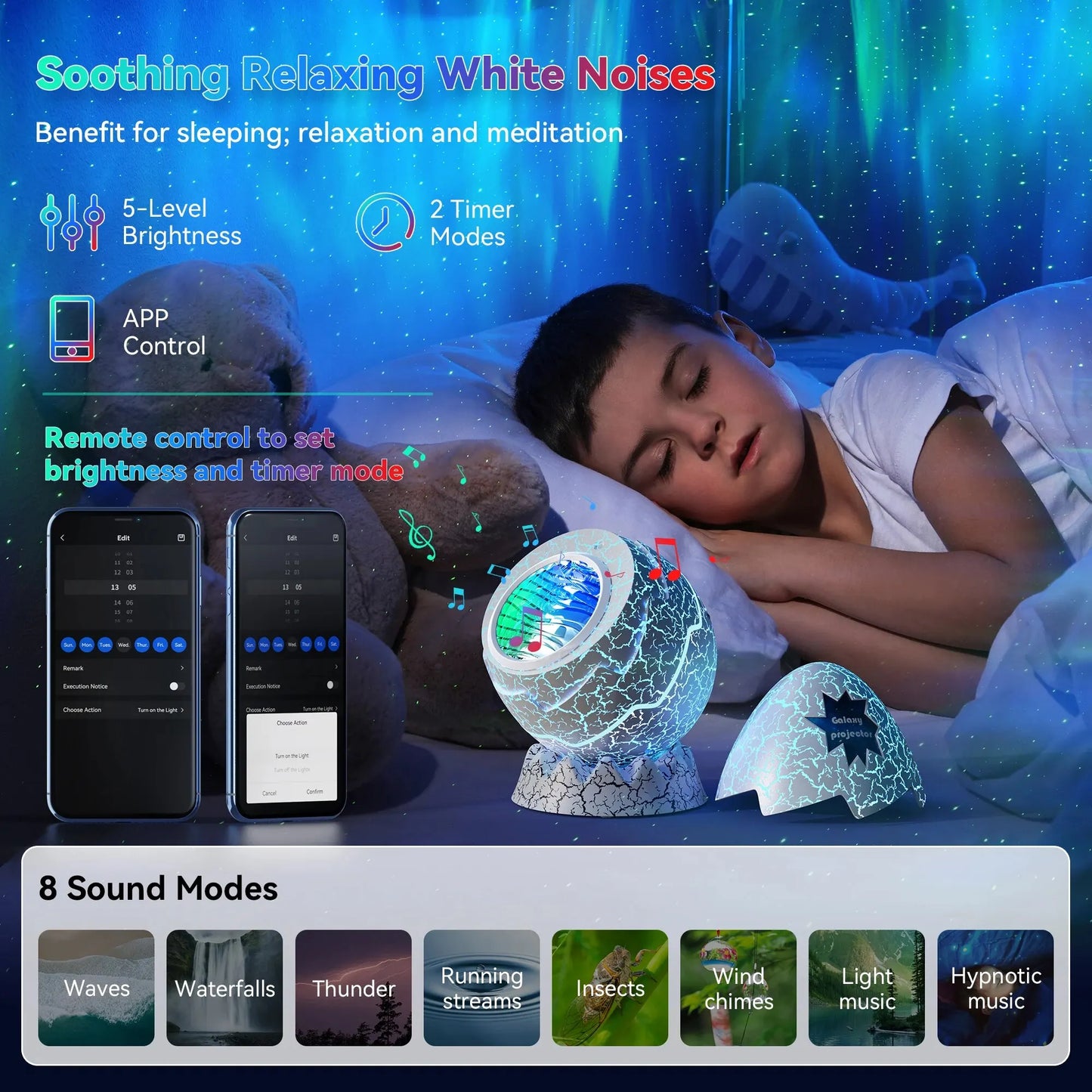 Dinosaur Egg Aurora Galaxy Projector Night Lights Bedroom Illuminated Toy 16 Colors Led And White Noise BT Speaker for Kid Gift - MAGCUBIC